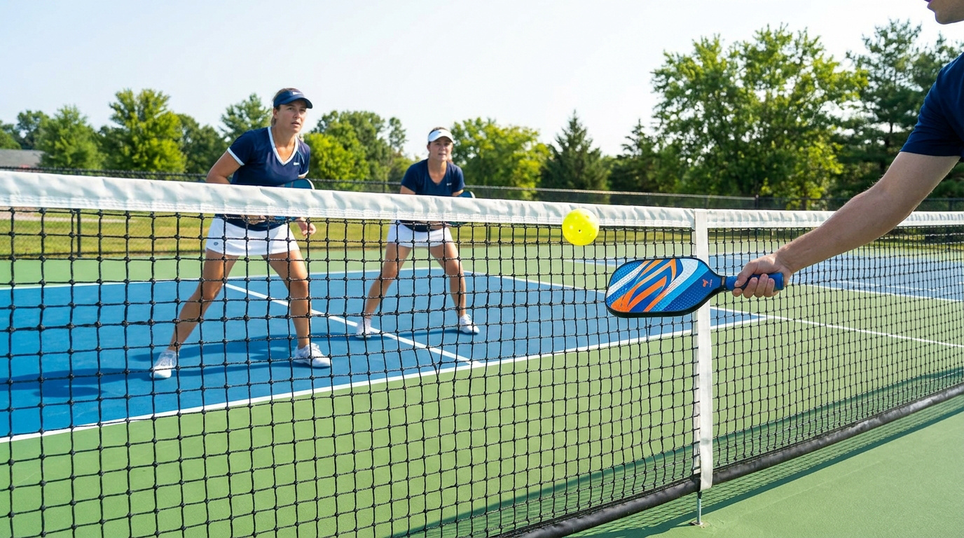 Un jugador golpea una pelota amarilla de pickleball sobre la red, mientras dos jugadoras esperan en la cancha azul y verde.