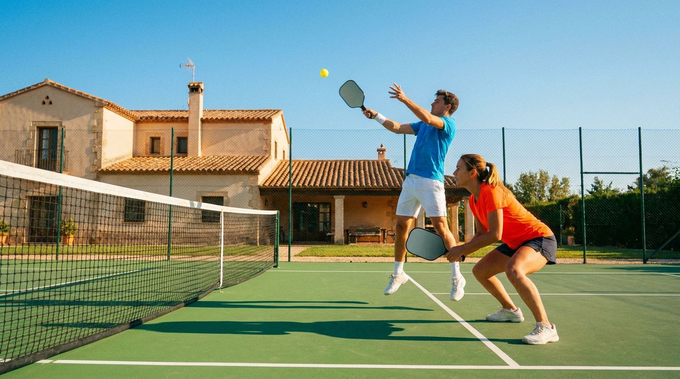 Dos jugadores de pickleball en acción: hombre salta a golpear la pelota, mujer en posición de defensa en pista española. Casa rural de fondo.