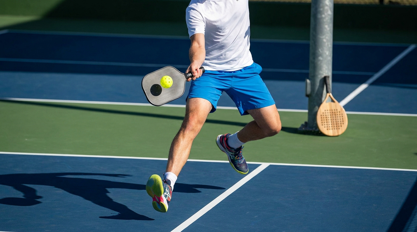 Un jugador de pickleball salta para golpear la pelota amarilla en una cancha verde y azul. Una raqueta de pádel de madera descansa en el fondo.