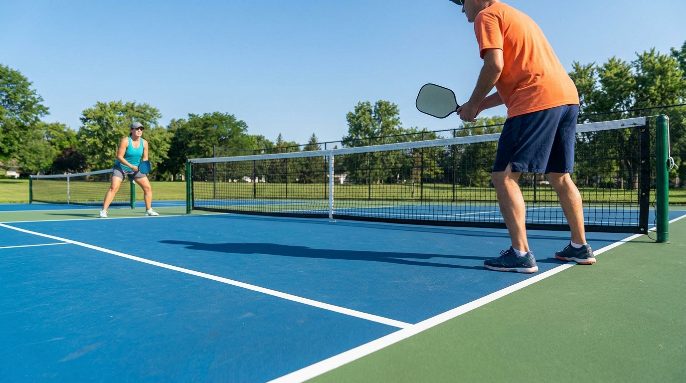 Dos jugadores de pickleball en una cancha azul y verde. Un hombre está en la zona de no volea, listo para jugar.