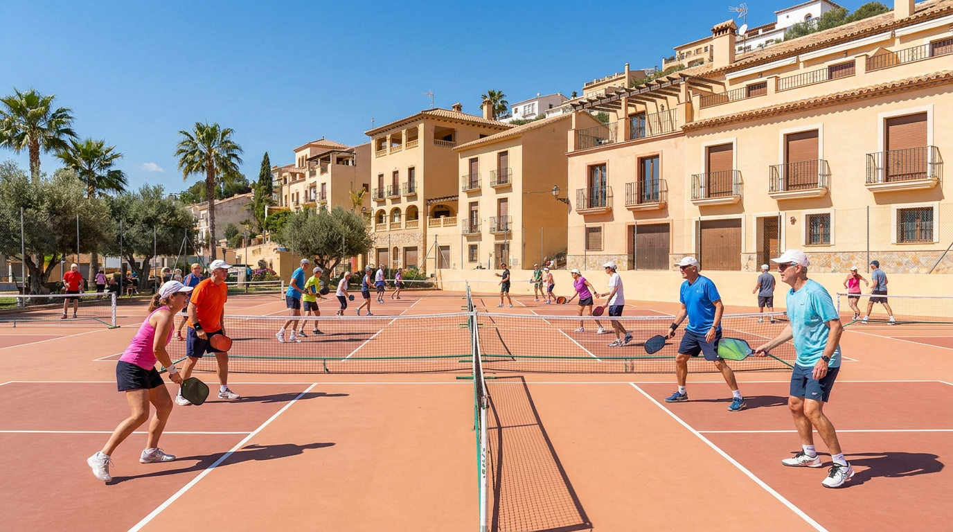 Varias personas juegan pickleball en canchas al aire libre bajo un cielo azul, con edificios mediterráneos detrás.