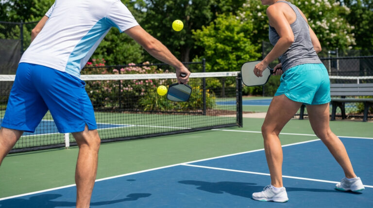 Dos personas juegan pickleball en una cancha azul y verde. Pelotas amarillas en el aire. Hombre y mujer con palas.
