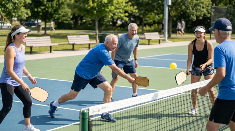 Cuatro personas sonrientes, dos hombres y dos mujeres, juegan pickleball en una cancha al aire libre con la pelota en el aire.