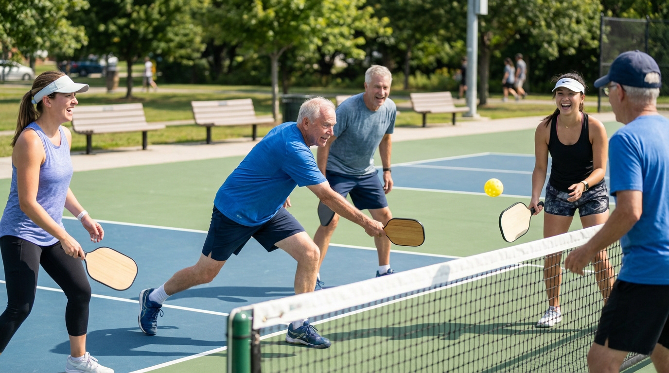 Cuatro personas sonrientes, dos hombres y dos mujeres, juegan pickleball en una cancha al aire libre con la pelota en el aire.