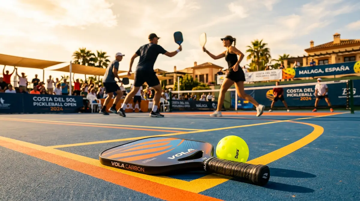 Pala y pelota de pickleball en una pista exterior con jugadores al fondo bajo el sol de España — Torneos 2026