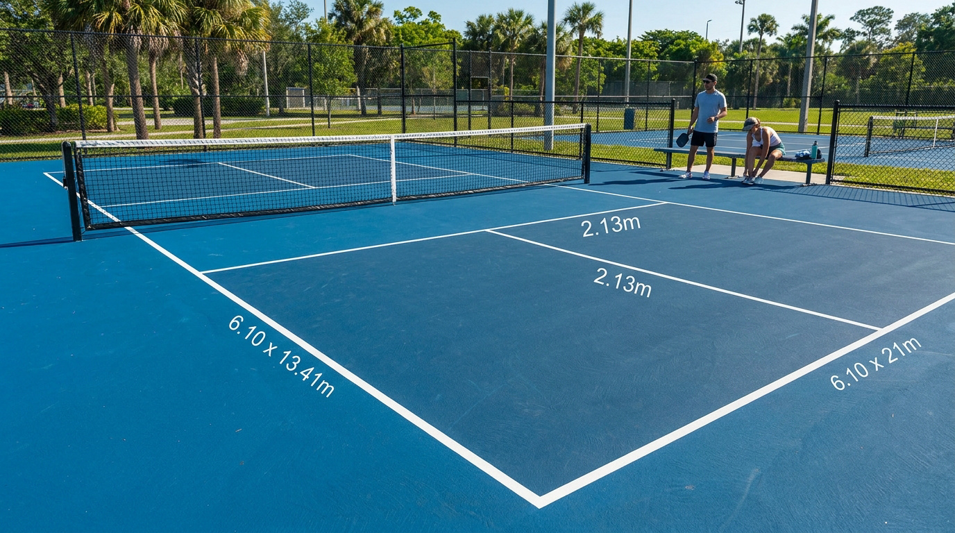 Pista de pickleball azul con marcaciones y medidas blancas. Una pareja descansa en un banco junto a la cancha.