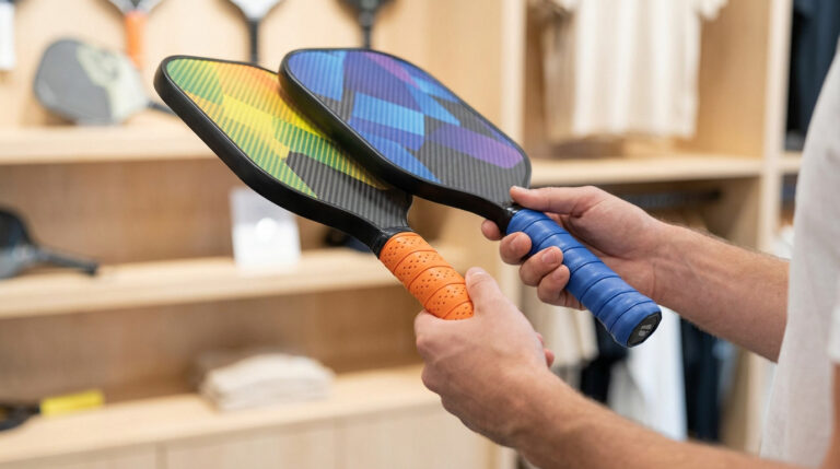 Manos de una persona sosteniendo y comparando dos palas de pickleball con diseños coloridos y texturas distintas.