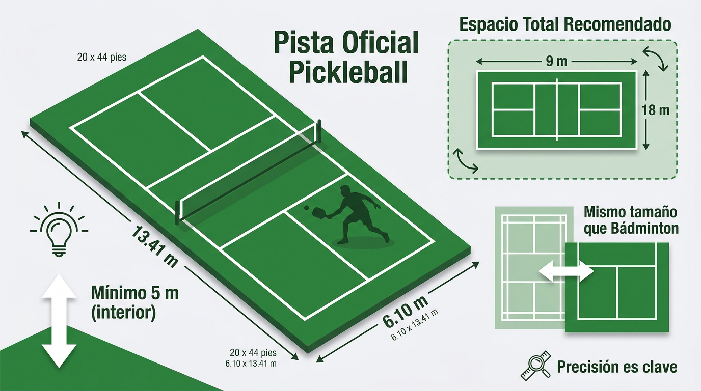 Esquema detallado con las medidas oficiales de una pista de pickleball incluyendo zonas de servicio y cocina