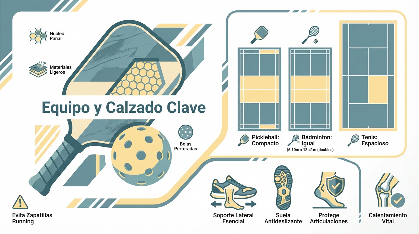 Pala de pickleball y calzado deportivo sobre pista azul