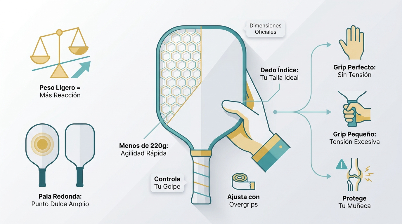 Guía visual para elegir el peso y el grip de una pala de pickleball