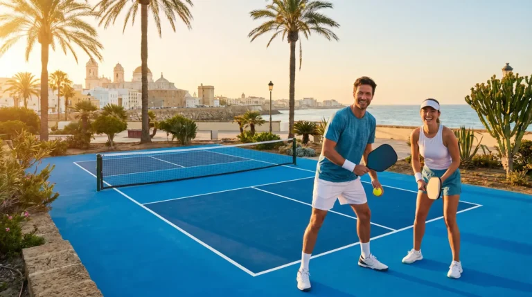 Court de pickleball en Cádiz con vista a la ciudad histórica