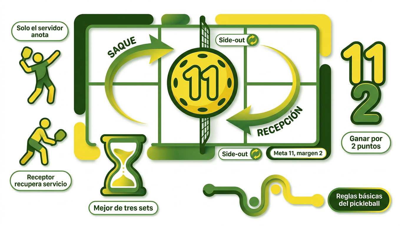 Infografía con las reglas básicas y sistema de puntuación del pickleball