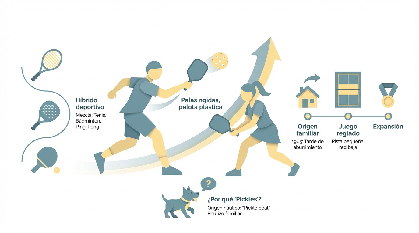 Infografía explicativa sobre el origen y las reglas básicas del pickleball