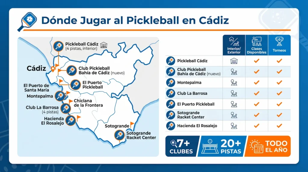 Mapa de pistas de pickleball en la provincia de Cádiz - 7 clubes encontrados