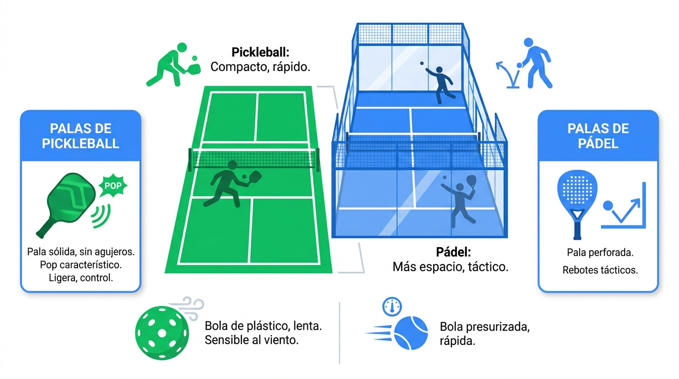 Comparativa visual entre pista de pickleball y pádel