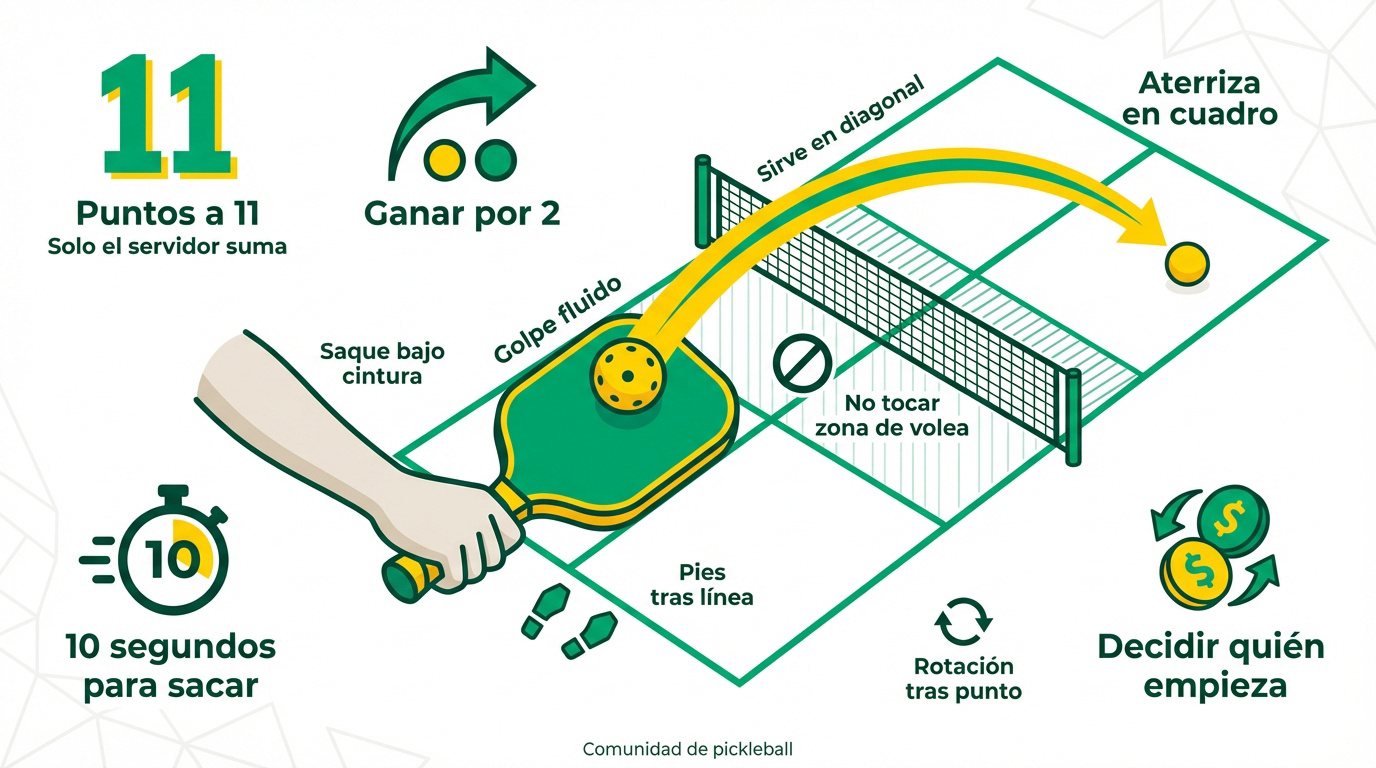 Jugador de pickleball realizando un saque reglamentario por debajo de la cintura