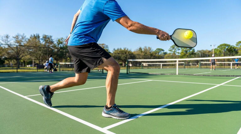 Jugador con camiseta azul haciendo un saque de derecha en una pista de pickleball al aire libre.