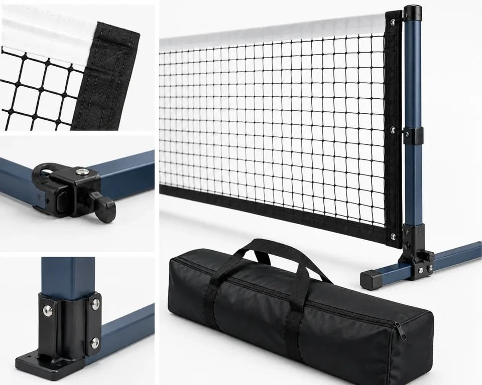 Detalle de una red de pickleball con bordes reforzados, montaje rápido y bolsa de transporte