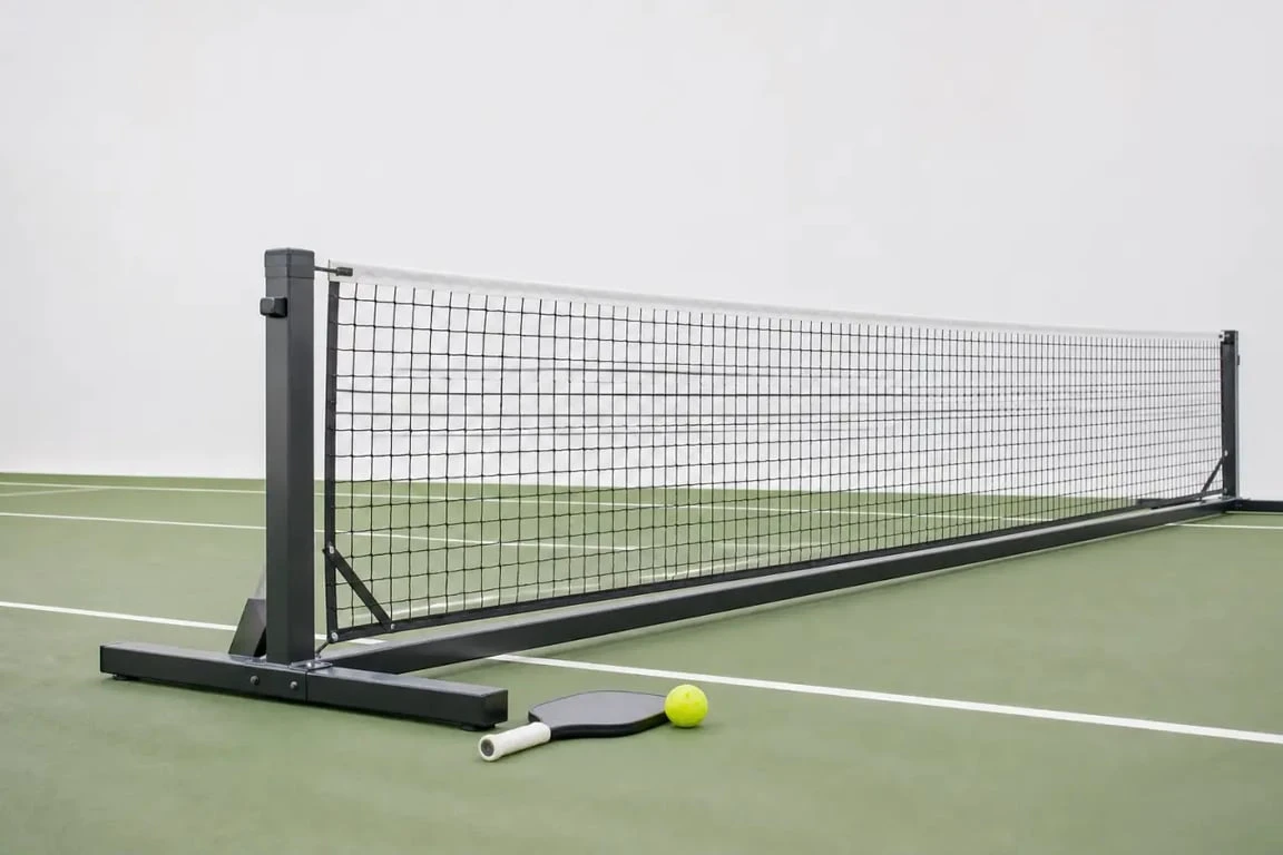 Red de pickleball instalada en pista exterior mostrando estabilidad y postes robustos