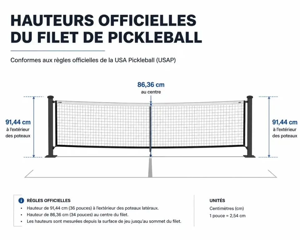 Schéma des hauteurs officielles d'un filet de pickleball