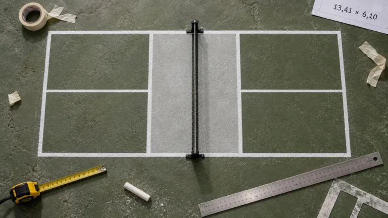 Dimensiones pista pickleball 13,41 × 6,10 m et espace cuisine près du filet