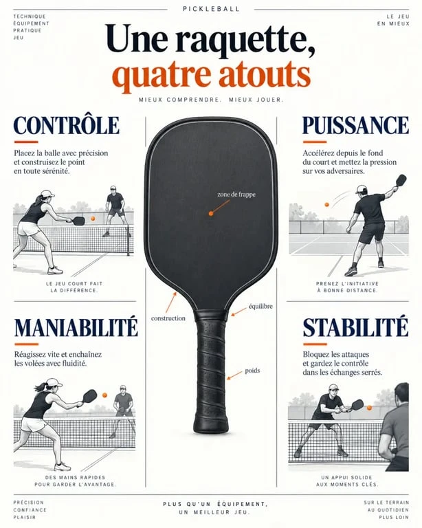 Palas de pickleball: diferencias entre control, potencia, maniobrabilidad y estabilidad
