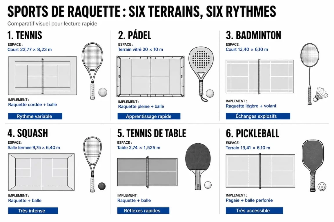 Infografía comparativa de deportes de raqueta con tenis, pádel, bádminton, squash, tenis de mesa y pickleball