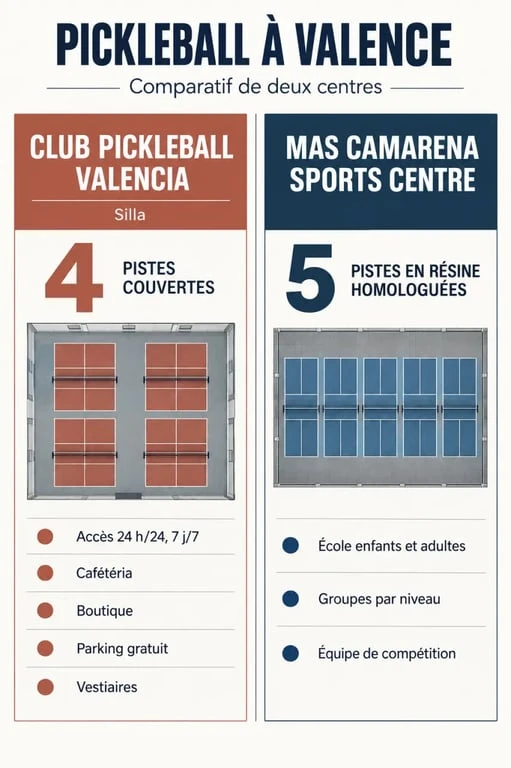 Infografía comparativa de opciones de pickleball Valencia en Silla y Mas Camarena